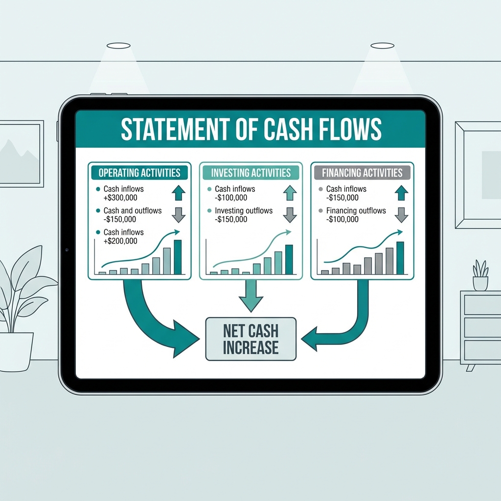 Statement of cash flows financial document with operating, investing, and financing activities highlighted
