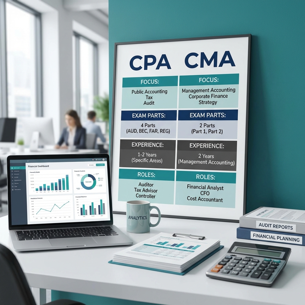 Detailed comparison chart of CPA and CMA certifications on a modern office desk setting